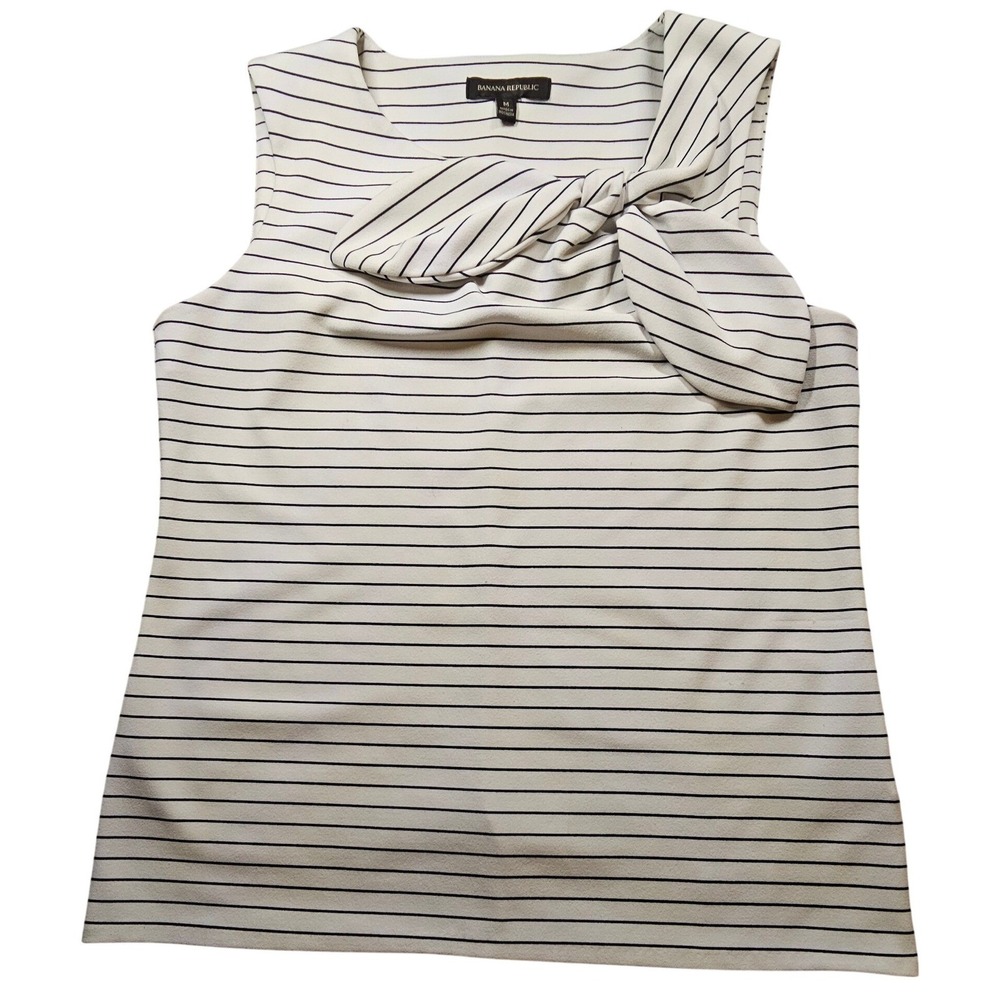 Banana Republic Womens Medium White Black Striped Bow Neck Sleeveless Blouse